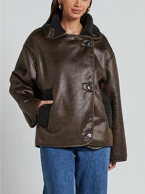 NWT Pink Diamond Dark Brown Faux Leather Shearling-Trim Jacket